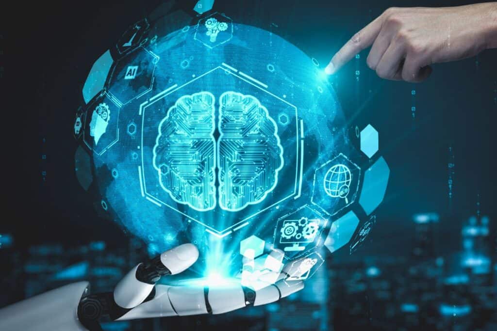 
Futuristic robot artificial intelligence enlightening ai technology concept