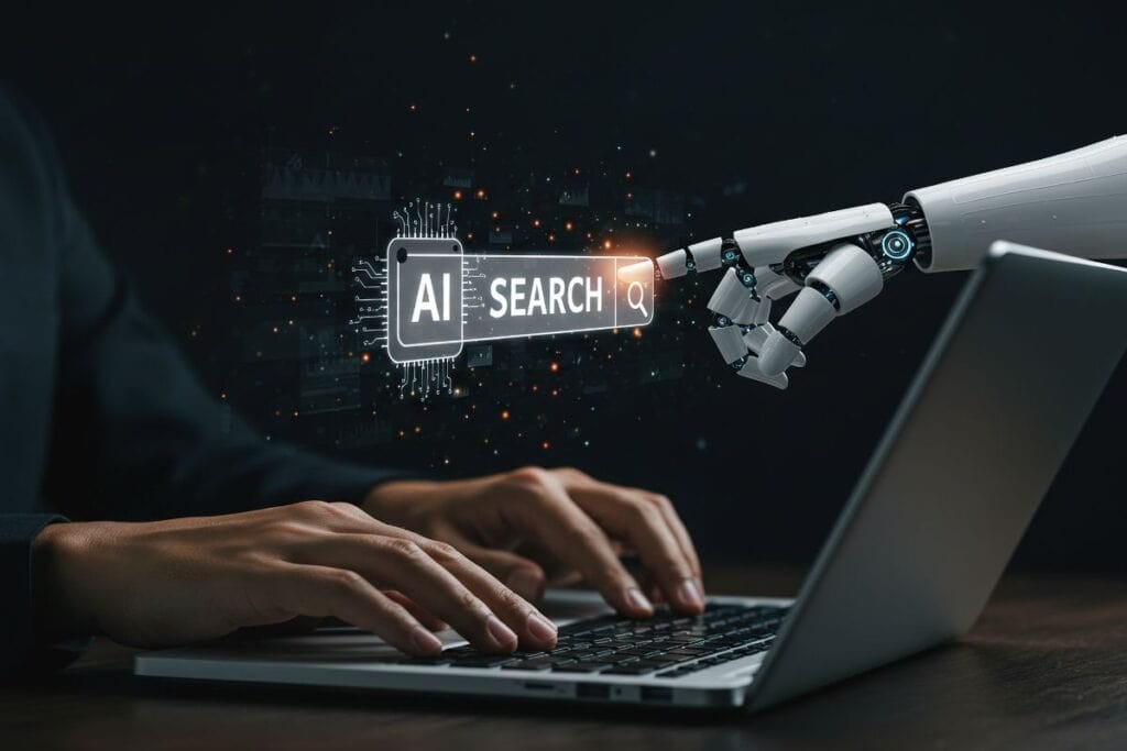 Ai search human interaction with robotic technology on a laptop