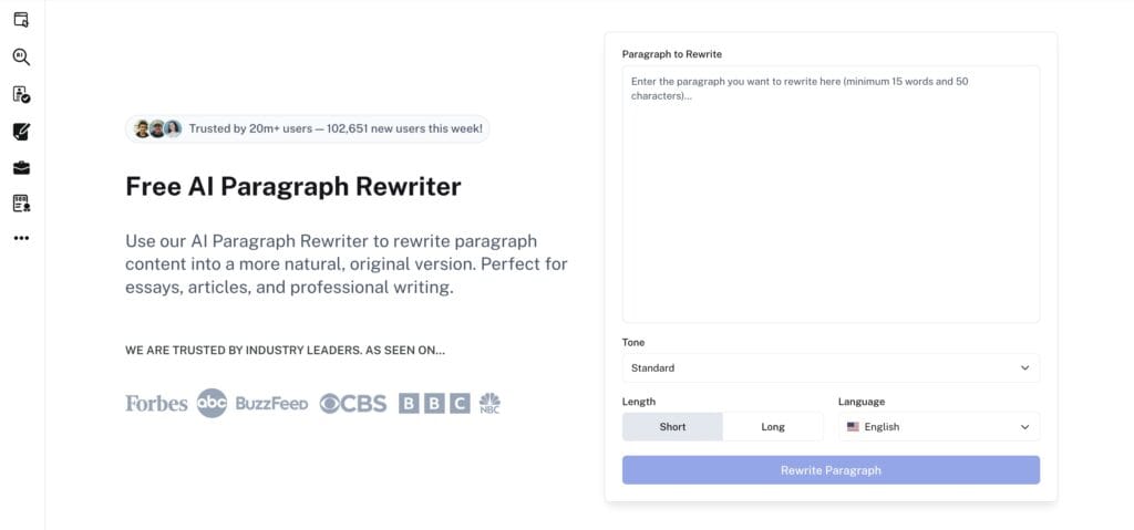 Screenshot of Undetectable Free AI Paragraph Rewriter tool interface.