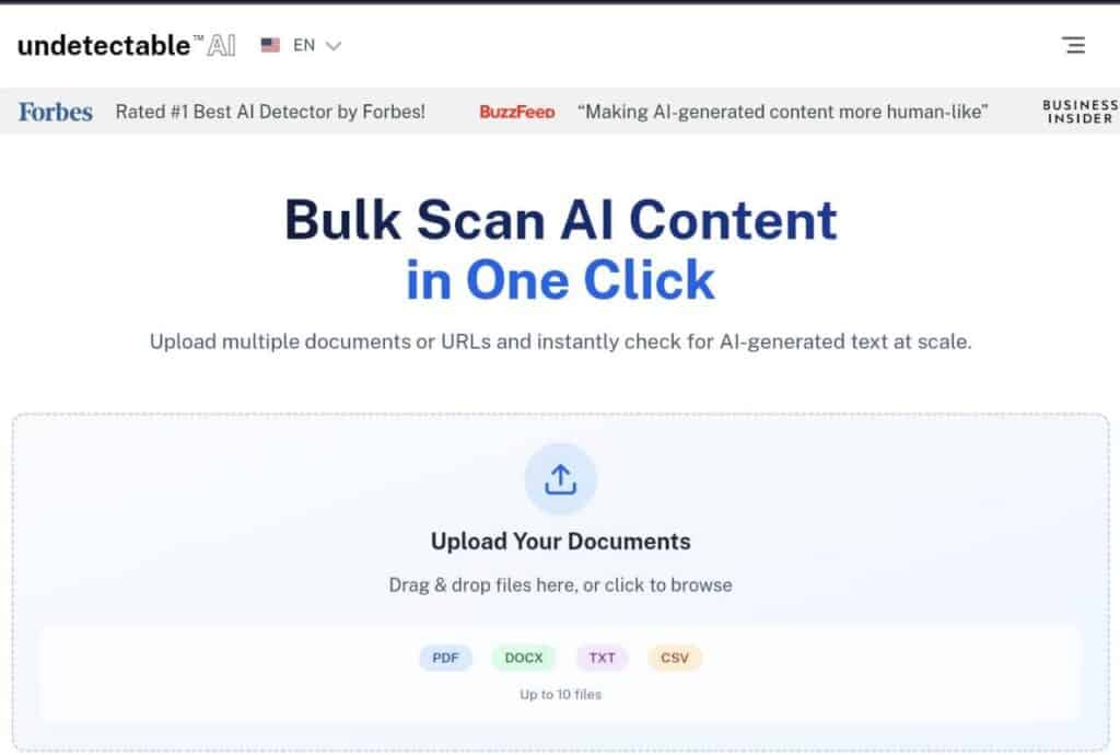 Bulk Scan AI Content Detector interface screenshot with log into your account option.