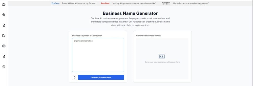 How to Detect ChatGPT‑Generated Text 6 Business Name Generator interface screenshot entering keywords and description.