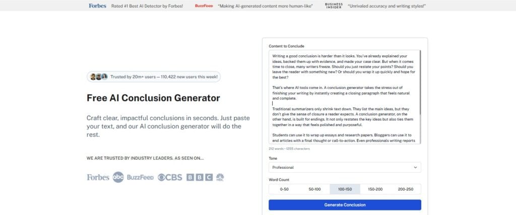 AI Conclusion Generator interface screenshot uploading content for analysis.