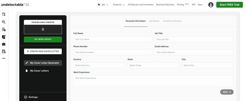Screenshot of Undetectable AI's cover letter generator entering personal details