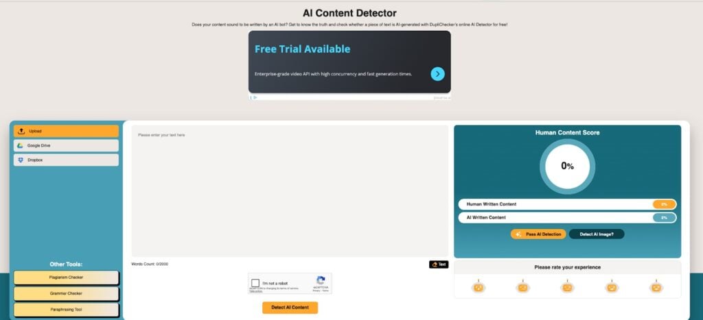 DupliChecker AI Detector Review: Is It Accurate? 2 Screenshot of DupliChecker AI Content Detector tool interface.