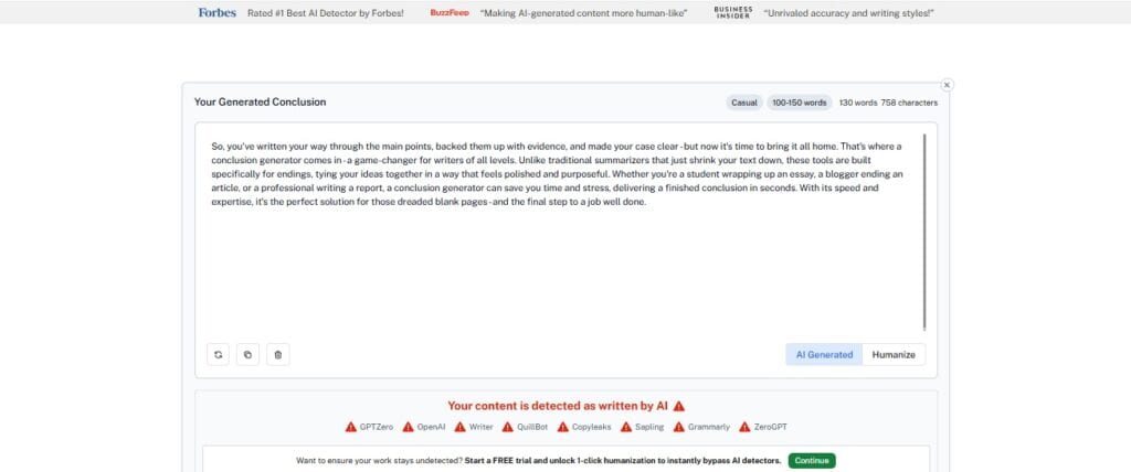 AI Conclusion Generator interface screenshot generating conclusion