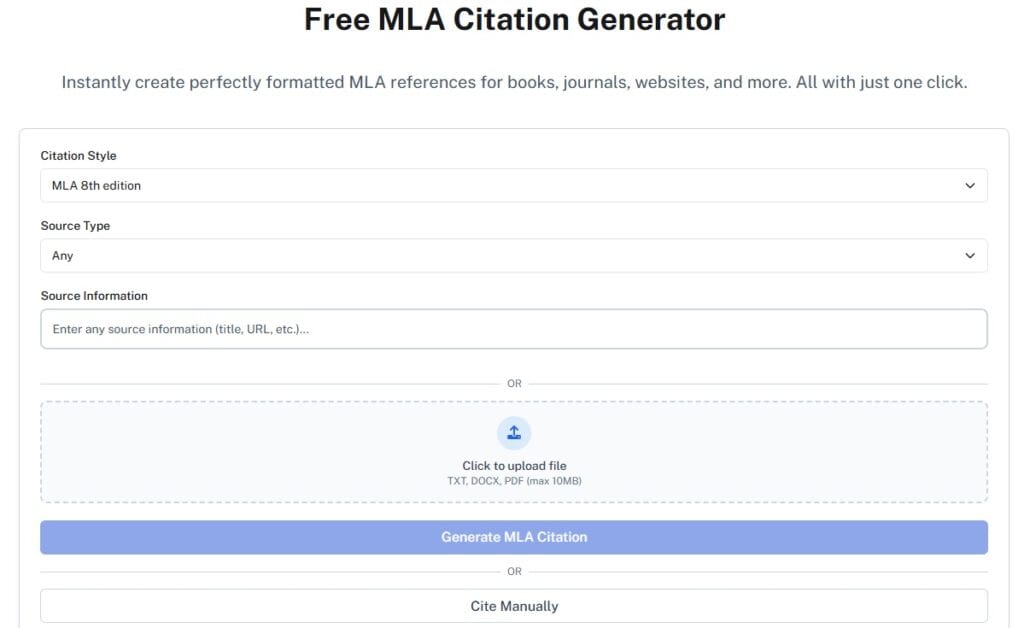 Comment rédiger une bibliographie : Formats et exemples 5 Capture d'écran de l'outil de génération de citations MLA d'Undetectable AI