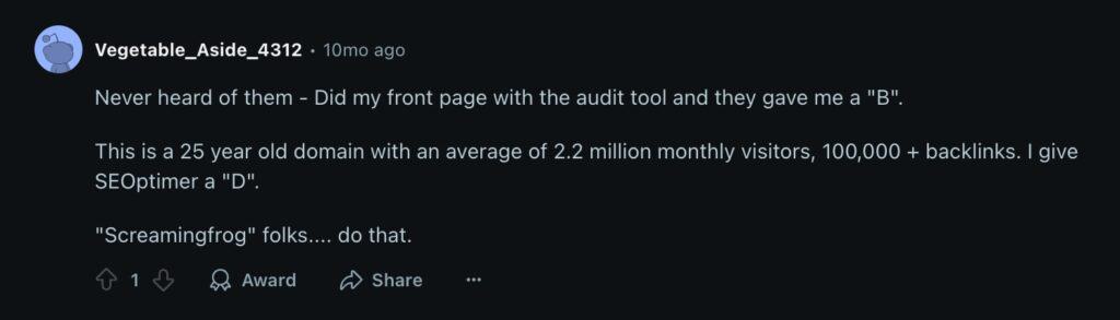 Análise do SEOptimer: Análise completa da ferramenta de SEO 11 Captura de tela do Reddit sobre o SEOptimer