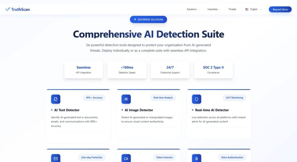 Quel vérificateur d'IA les enseignants utilisent-ils en 2025 ? 7 Capture d'écran du tableau de bord de TruthScan Comprehensive AI Detection Suite.
