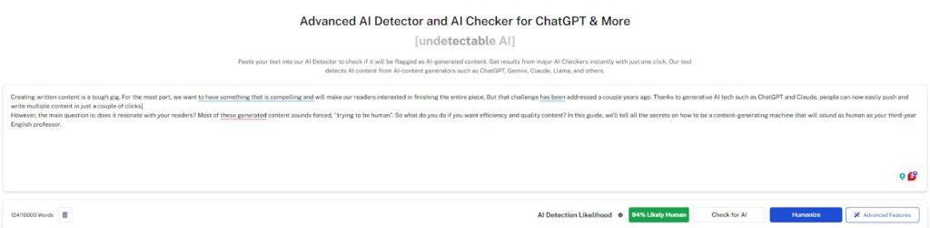 Undetectable AI Detector – Human Written Result screenshot
