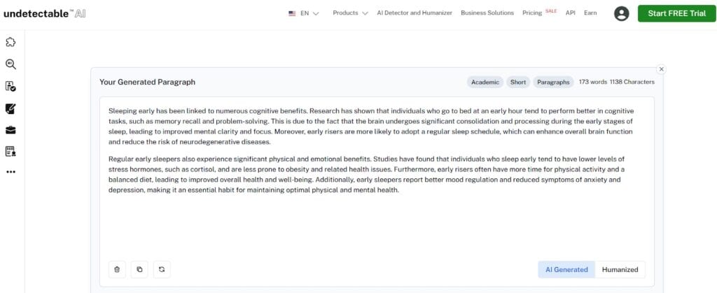 AI Paragraph Generator screenshot creating content about a specific topic.