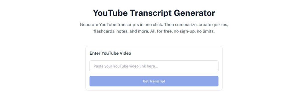 YouTube transcript generator interface screenshot.