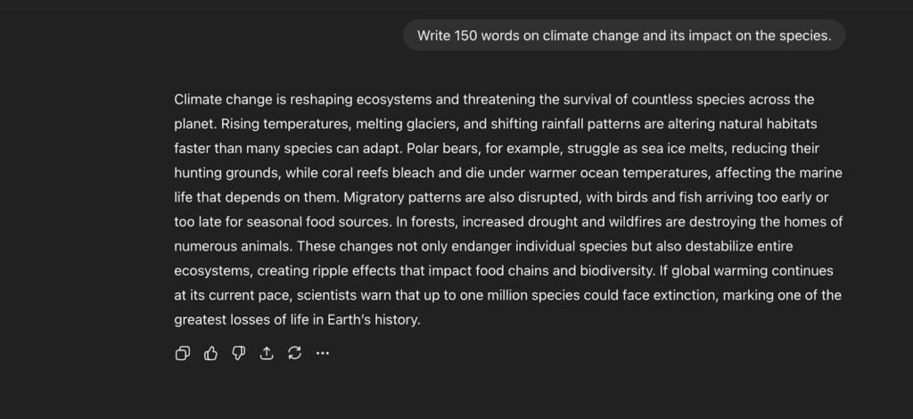 Are AI Detectors Accurate? Truth Behind the Tools 5 Screenshot of ChatGPT 5 prompt generating a 150-word text on climate change
