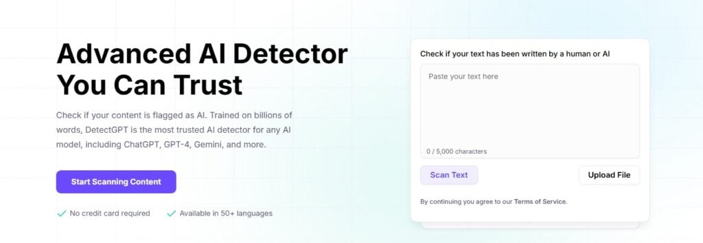 Recensione di DetectGPT: Analisi onesta e approfondimenti chiave 2 Screenshot of DetectGPT website interface