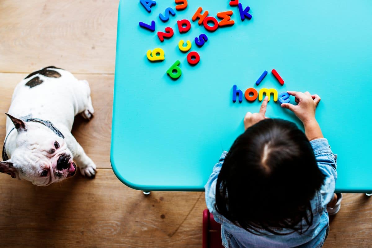 Kid at home playing with letters