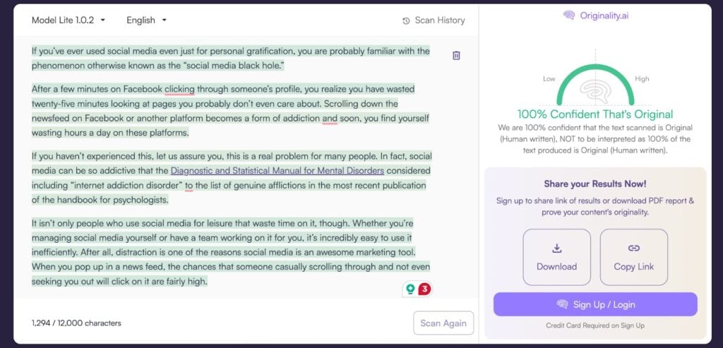 Are AI Detectors Accurate? Truth Behind the Tools 20 Screenshot showing Originality.AI result: 100% human-written, confidently marked as original