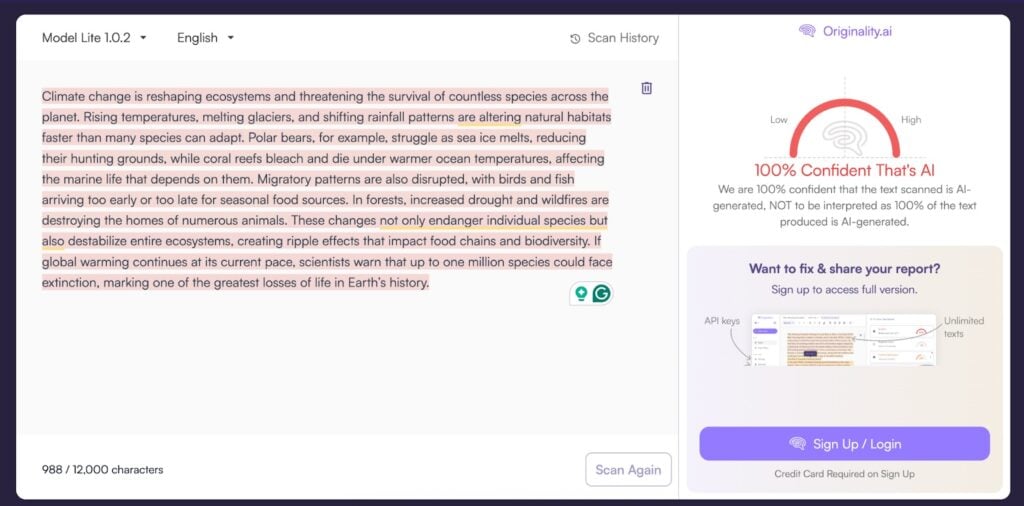 Are AI Detectors Accurate? Truth Behind the Tools 19 Screenshot showing Originality.AI result: 100% AI-generated with full confidence