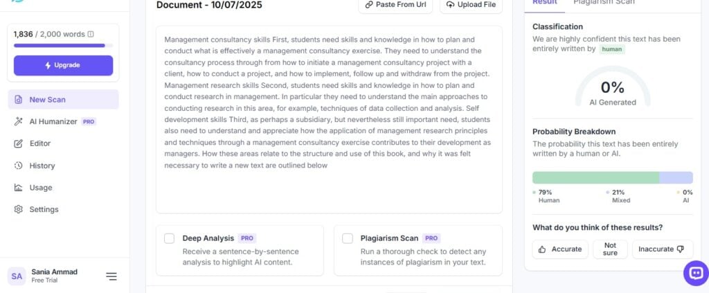 Recensione di DetectGPT: Analisi onesta e approfondimenti chiave 6 Screenshot showing Block 1 human-written result