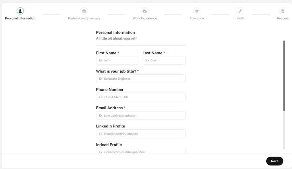 Screenshot of resume builder entering personal information