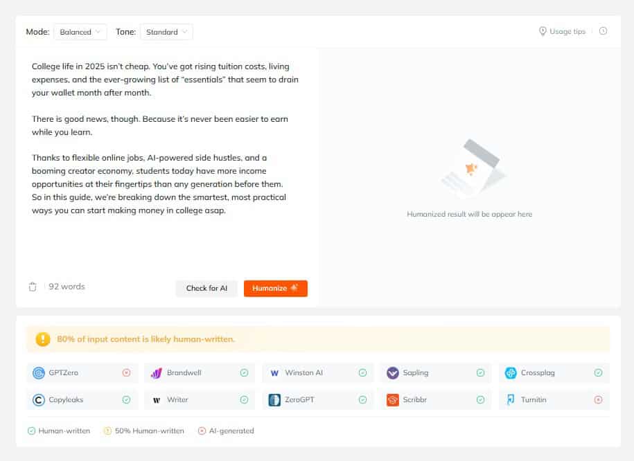 Screenshot showing Tenorshare AI detection result