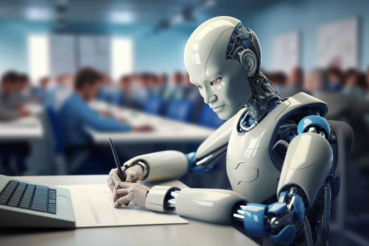 View of futuristic robot in school environment