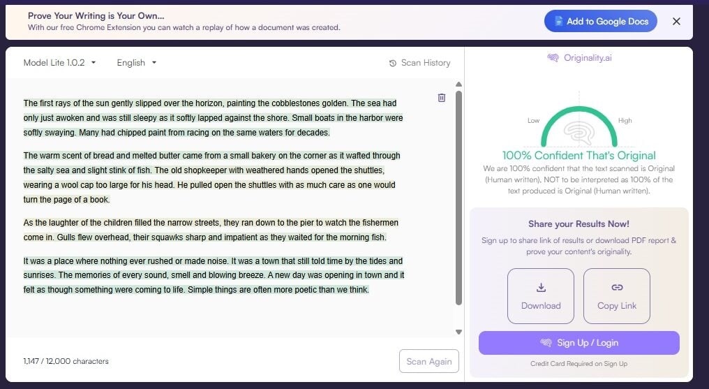 Originality AI Sample 2 Creative AI Text result screenshot