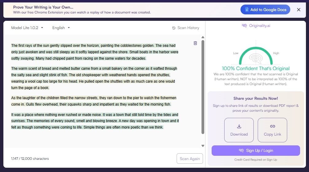 Originality AI Sample 3 Factual AI Text result screenshot