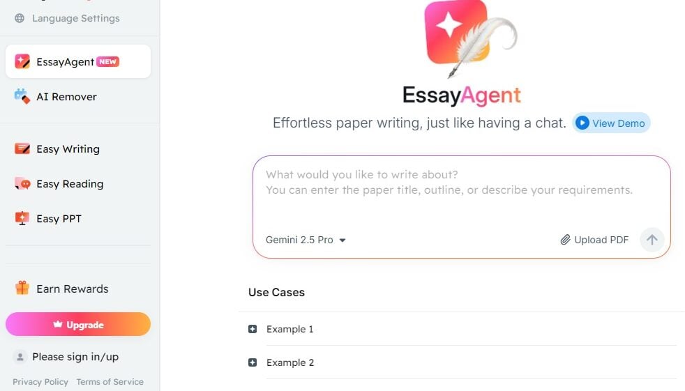 EasyEssay Review: Is It Reliable for Students? 5 EasyEssay EssayAgent screenshot showing AI essay generation interface