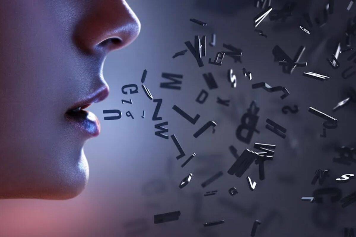 Letters forming words in mouth illustration