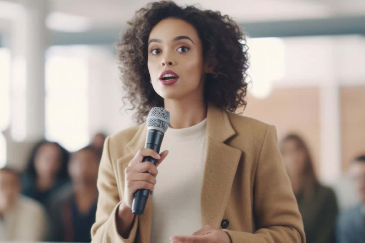 Motivational speaker standing on stage in front of audience for motivation