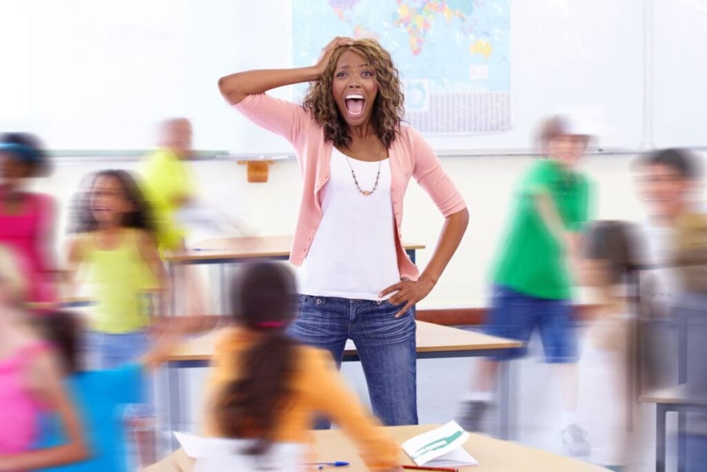 
Headache portrait or teacher in classroom with kids in school