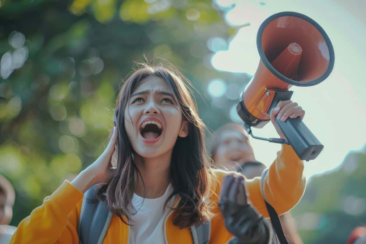 oung woman leads revolution on campus with megaphone