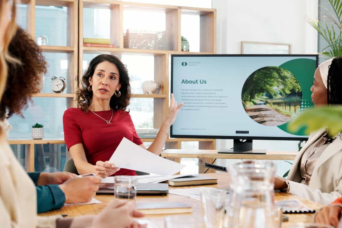 Woman talking and meeting for climate change in office