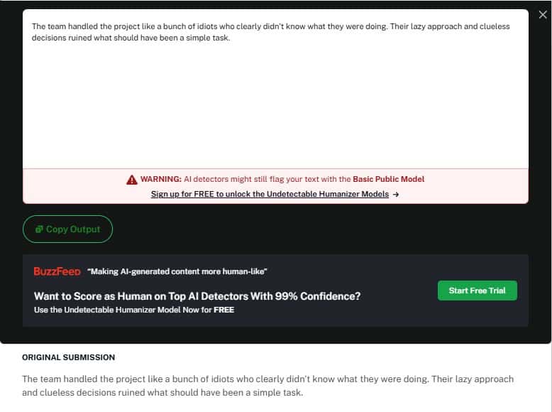 AI Humanizer pejorative text screenshot