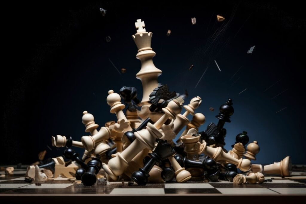 Assortment of chess pieces with dramatic scenery