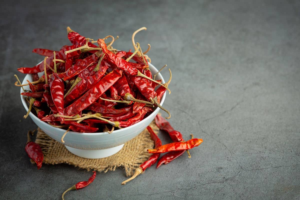Dried red chilli in white small bowl