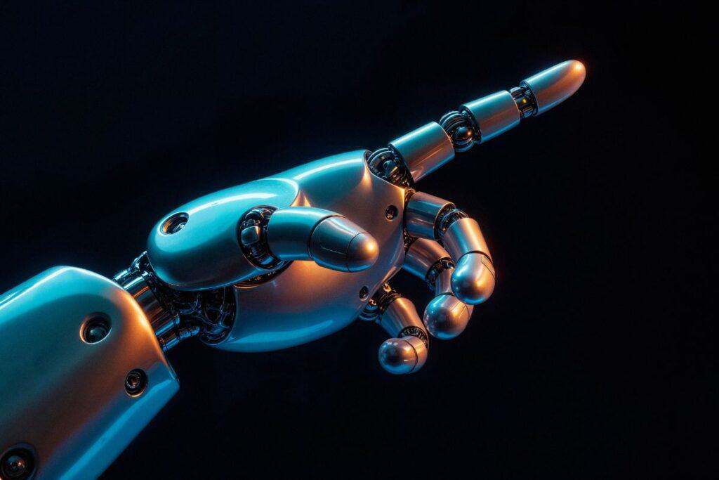 Robotic hand pointing against black