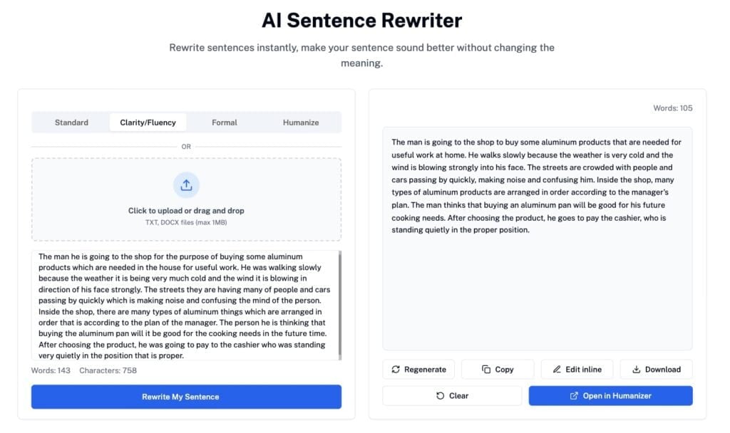 Screenshot of Undetectable AI Sentence Rewriter-Aluminum vs Aluminium in Writing Style