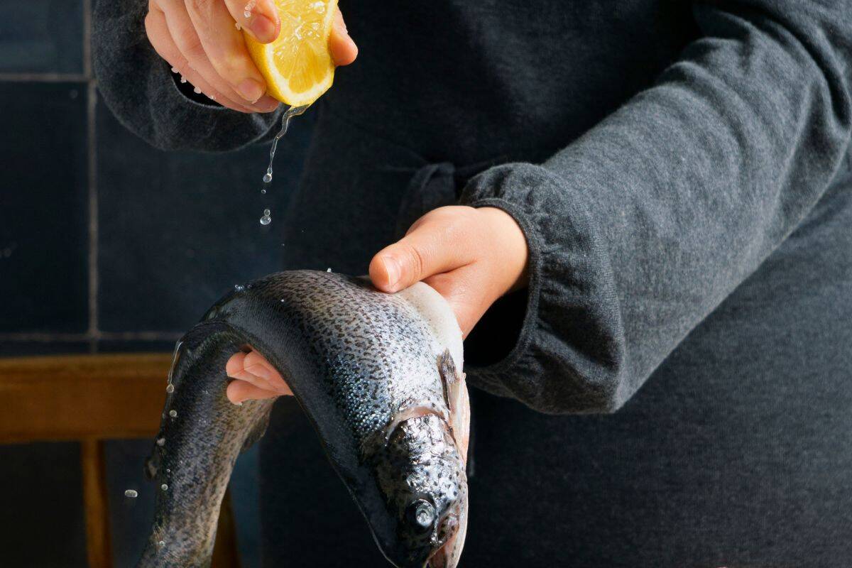 Side view cook preparing raw trout