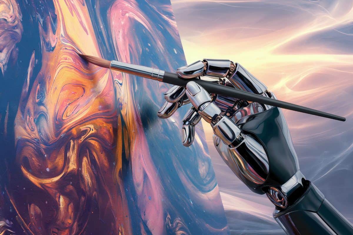 A robotic hand expertly handles a paintbrush blending vibrant swirls on a canvas