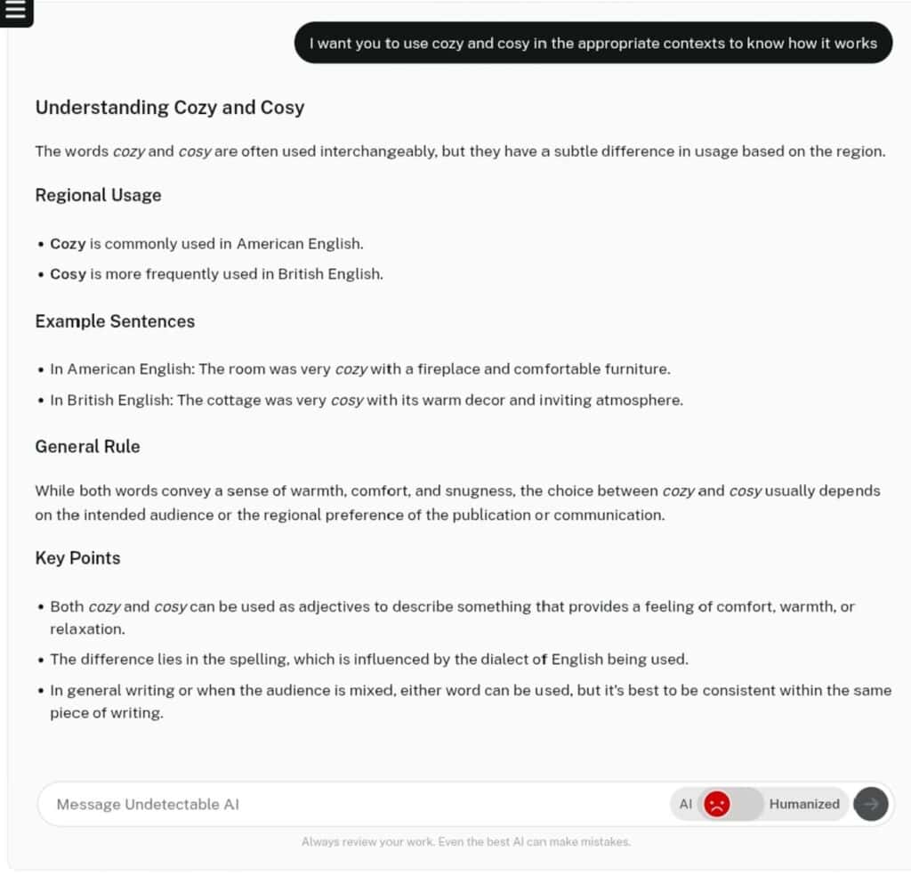 Screenshot of AI Chat about Understanding Cozy and cosy