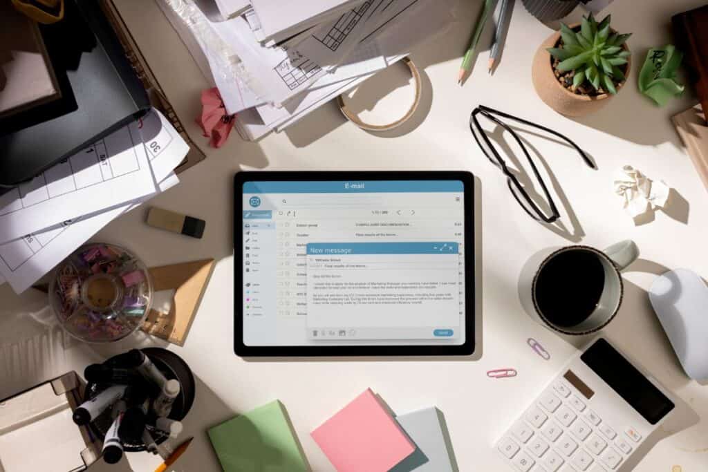 7 melhores ferramentas de rastreamento de e-mail para aumentar a produtividade 4 Vista superior de um espaço de trabalho de escritório bagunçado com tablet