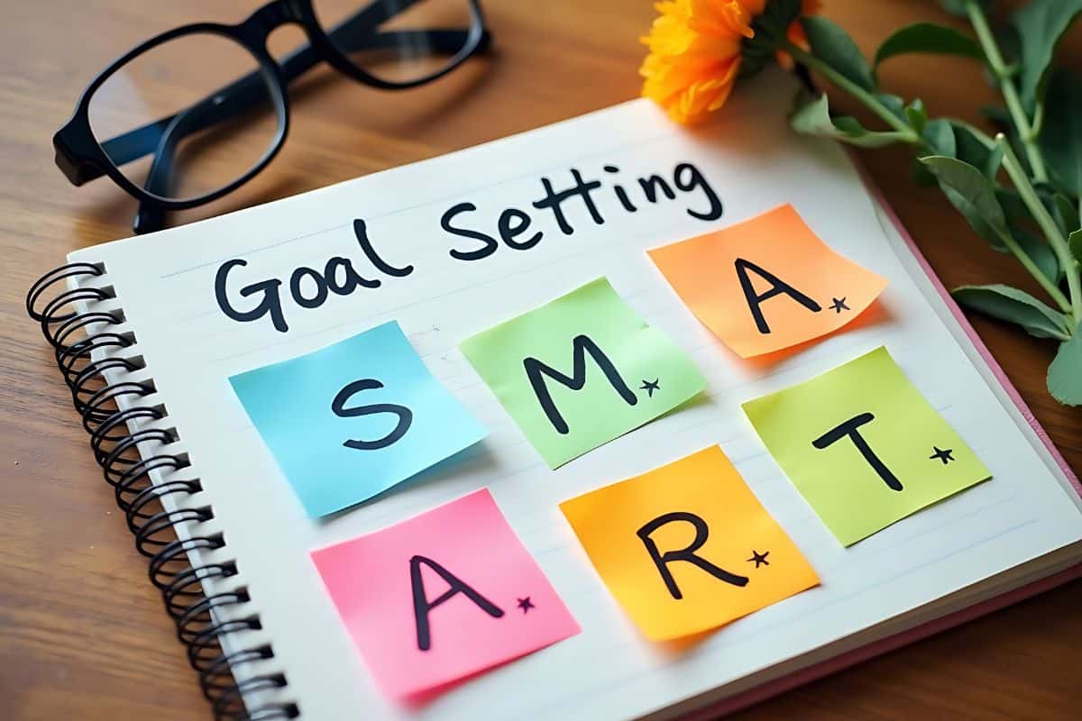 Hand writing definition for smart goal setting on notebook