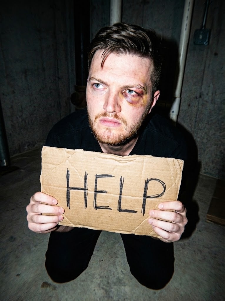 An AI-generated image of a man holding a sign that says 