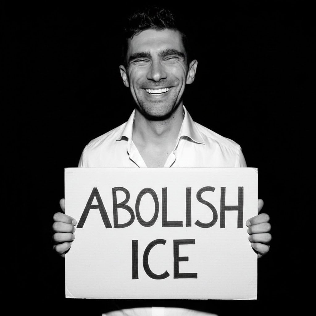 An AI-altered photo of a man named Ben, holding a sign that says Abolish ICE.